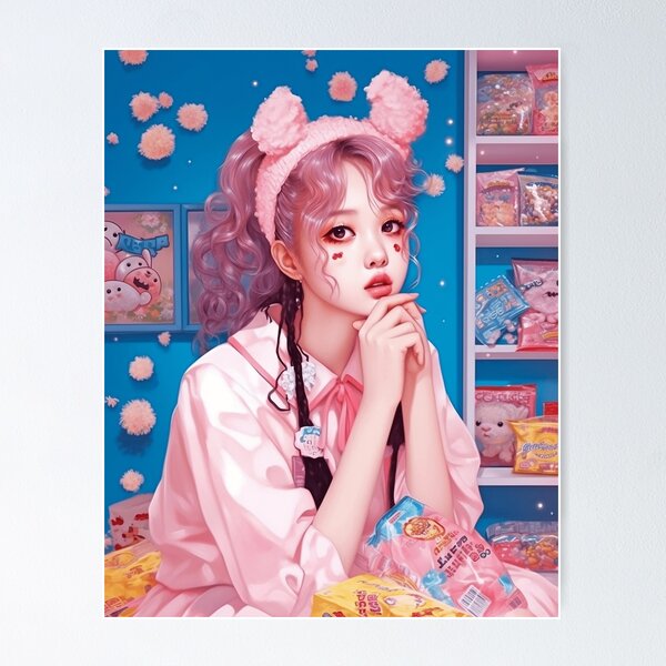 Fun Harajuku Anime Girl Portrait in Candy Shop | Poster