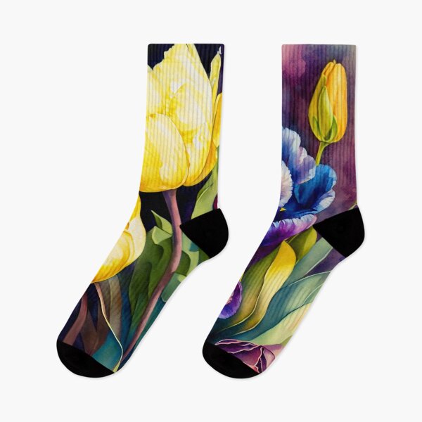 Aperçu de l'œuvre Tulipes jaunes et violettes créée et vendue par botanicalartAI.