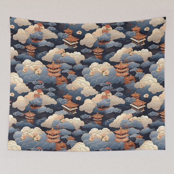 Item preview, Seamless Pattern with Clouds and Japanese Pagodas designed and sold by MeowsAndMakes.