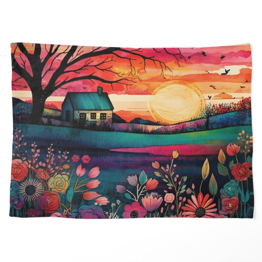 Watercolor Folk Art Sunset #2, Digital Arts by Chromatic Fusion Studio