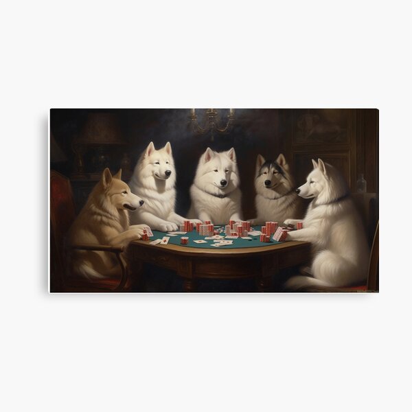 Item preview, Samoyeds Playing Poker - Adorable Dogs in a High-Stakes Game designed and sold by SamyThreads.