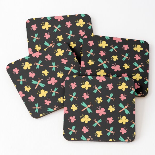 Item preview, colored stylized doodle butterflies and dragonflies on black designed and sold by YuYuKoroleva.