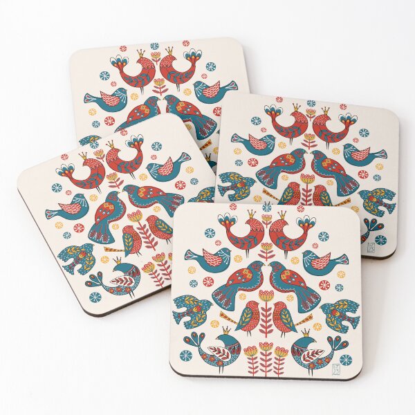 Item preview, Bright folk art style birds red and blue designed and sold by Loujohns.