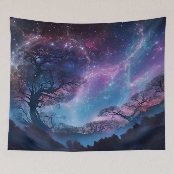 Item preview, Dusky Dreamscape: Shadowy Trees Caressed by a Swirling Azure and Violet Sky designed and sold by MonsterMatt87.