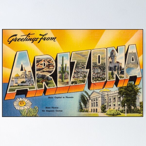 Item preview, Greetings from Arizona. This digitally restored 1930's era vintage postcard is perfect gift for the Arizona AZ lover and features many historic landmarks designed and sold by BBTravels.