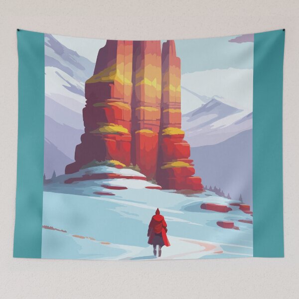 Item preview, time traveler red robe snowy rocky mountain designed and sold by Pixelartspro.