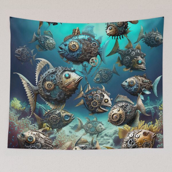Item preview, Steampunk Mechanical Ocean Fish in Gold and Blue designed and sold by Amanda Lucas.