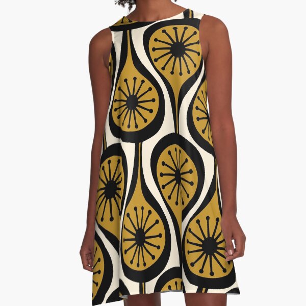 Item preview, Mid Century Modern Atomic Drops Retro Pattern in Burnished Gold, Charcoal Black, and Cream designed and sold by kierkegaard.
