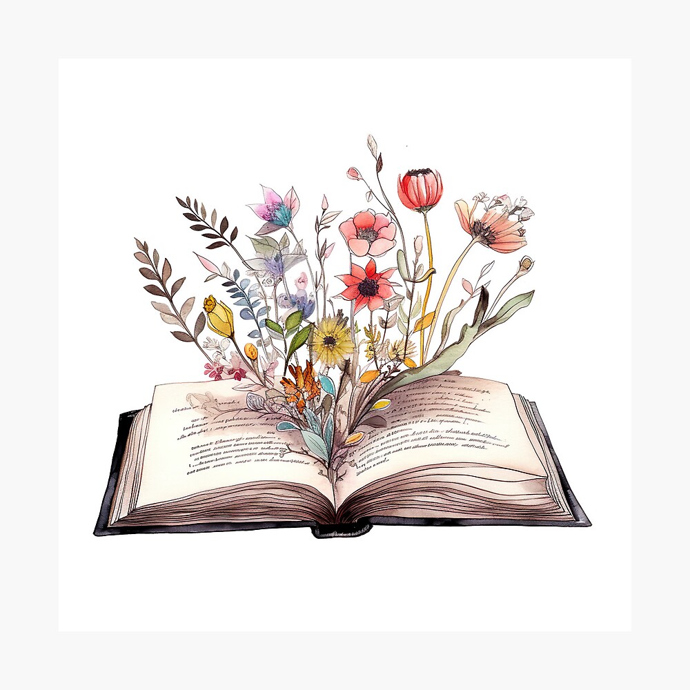 Watercolor Painting of Open Book with Flowers: Botanical Art for