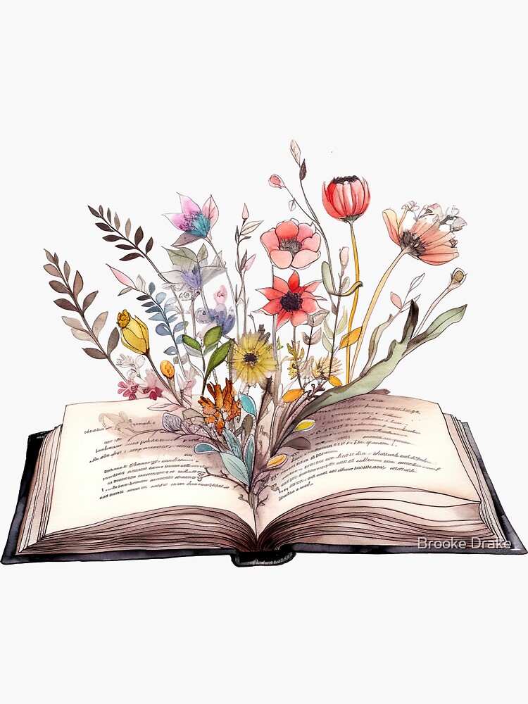 Watercolor Painting of Open Book with Flowers: Botanical Art for