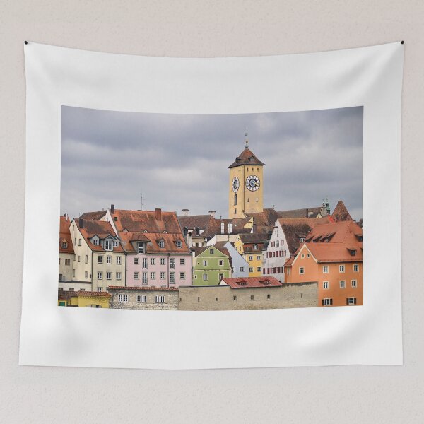Item preview, Historical town hall clock tower and colorful old buildings in Regensburg Germany designed and sold by goceris.