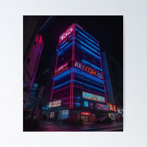 Item preview, Colorful Japanese Building at Night: A Futuristic Vision designed and sold by CybRunner.