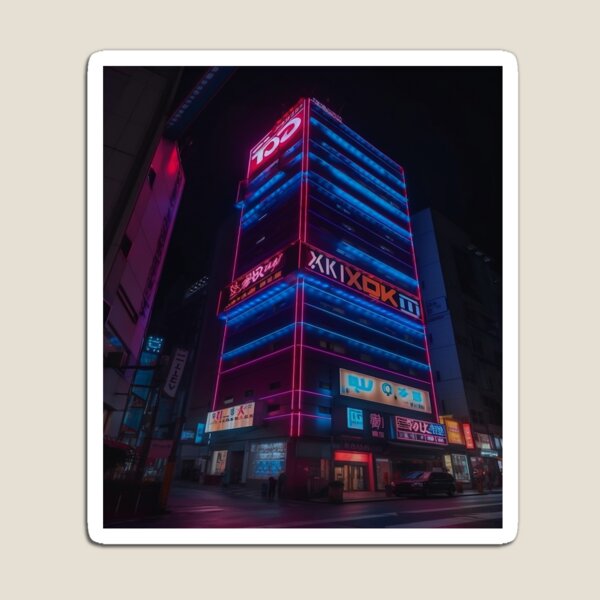 Item preview, Colorido edificio japonés de noche: una visión futurista designed and sold by CybRunner.