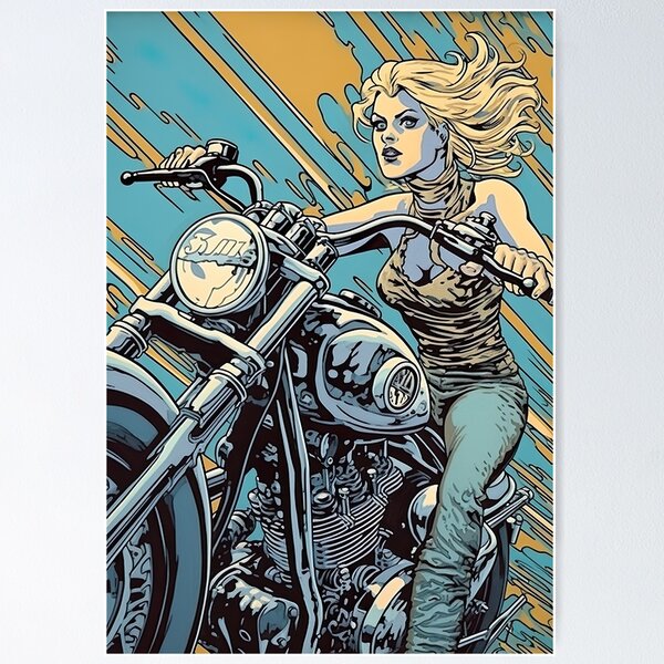 Item preview, girl on motorbike designed and sold by Pop-Retro.