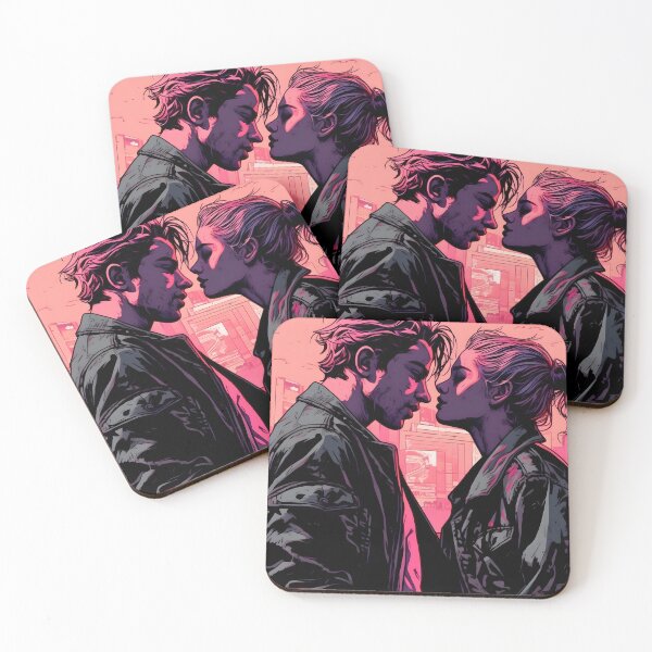 Item preview, 90s rocker pair, blond and wild, leather-clad in comic style, a passionate kiss to reconcile designed and sold by SingularityGeek.
