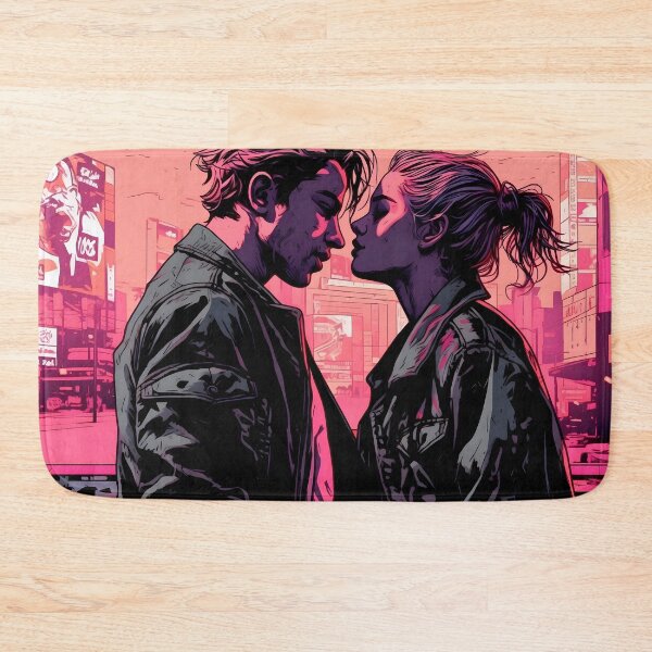 Item preview, 90s rocker pair, blond and wild, leather-clad in comic style, a passionate kiss to reconcile designed and sold by SingularityGeek.