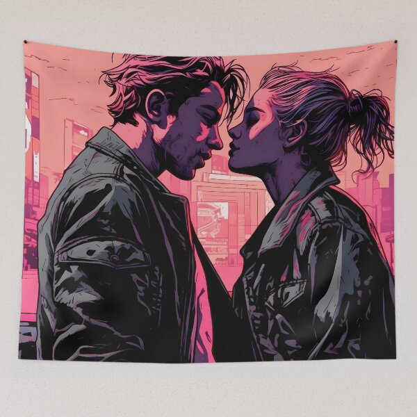 Item preview, 90s rocker pair, blond and wild, leather-clad in comic style, a passionate kiss to reconcile designed and sold by SingularityGeek.