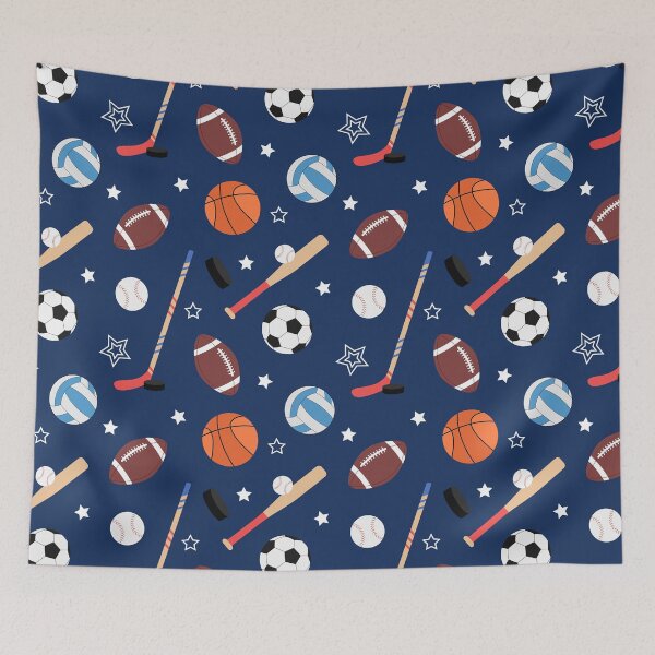 Item preview, Kids Sports Equipment Pattern on Blue designed and sold by sweetbelle.