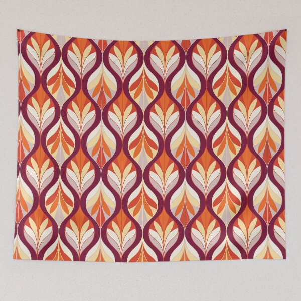 Item preview, Mid-century modern colorful ogee pattern with organic leaves - soft orange, white, yellow, maroon, dove grey designed and sold by Arubi-Art.