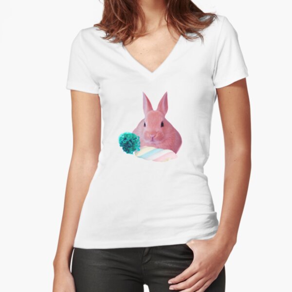 Pink Rabbit with carrot marshmellow by Alice Monber Fitted V-Neck T-Shirt