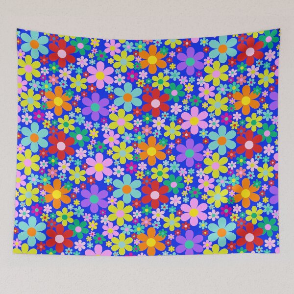 Item preview, Dopamine hit in all the colours  -  flower power retro florals straight from the 1970s - hot pink, lime, royal blue, sky blue  designed and sold by BlackDogArtists.