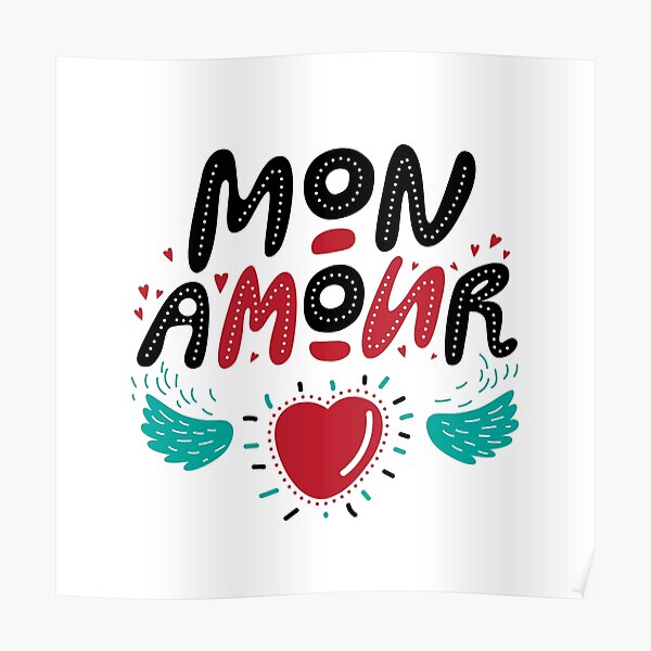 "Mon Amour hand drawn lettering and doodle heart with wings. Valentines