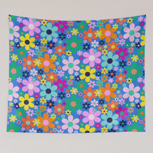 Item preview, Sky blue and luscious  -  flower power retro florals straight from the 1970s - hot pink, lime, royal blue, sky blue  designed and sold by BlackDogArtists.
