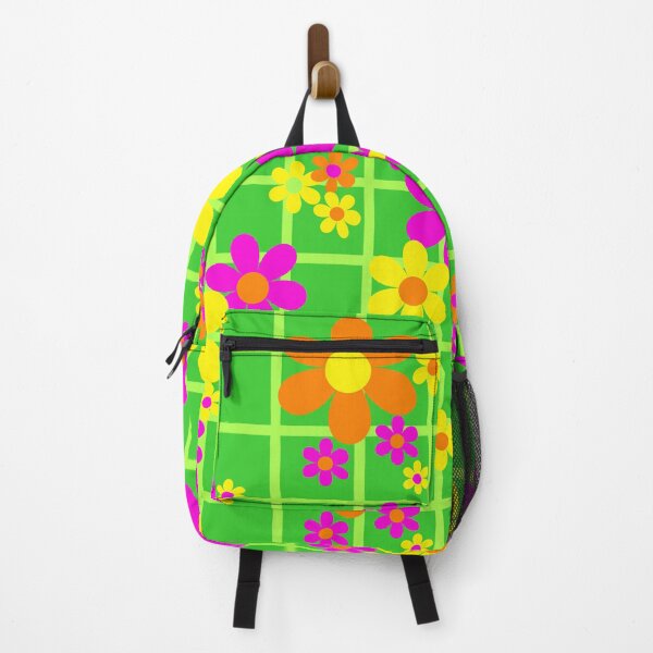 Item preview, Bold lime flower power retro florals straight from the 1970s - Orange, Yellow and Pink on Lime designed and sold by BlackDogArtists.