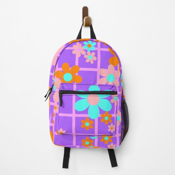 Item preview, Bold purple flowe power retro florals straight from the 1970s - Orange, Aqua and Pink on Purple designed and sold by BlackDogArtists.