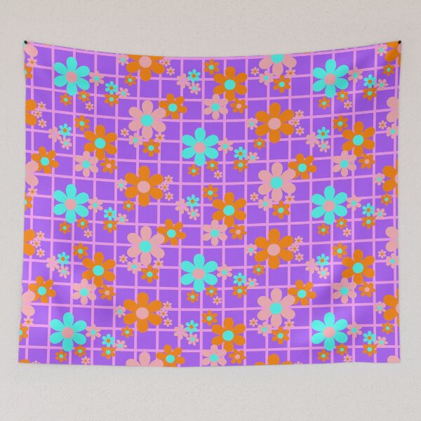 Item preview, Bold purple flowe power retro florals straight from the 1970s - Orange, Aqua and Pink on Purple designed and sold by BlackDogArtists.