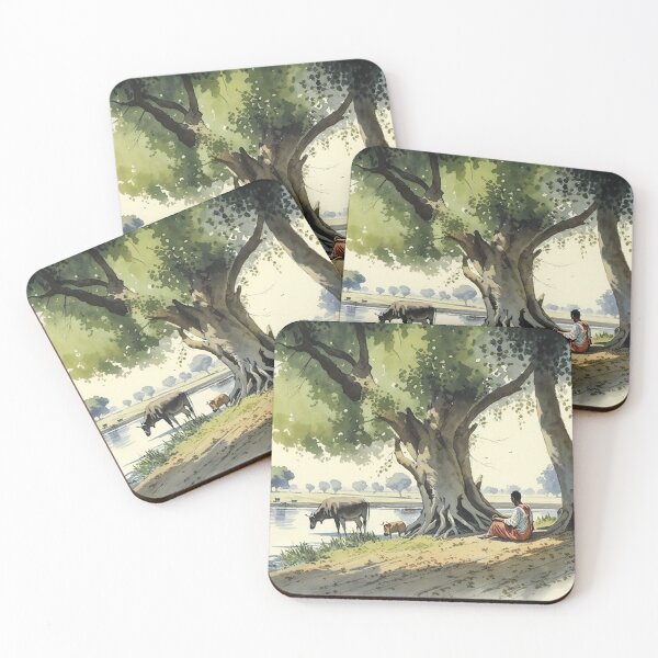 Item preview, Rural Indian Riverbank Watercolor painting designed and sold by dopamyne.