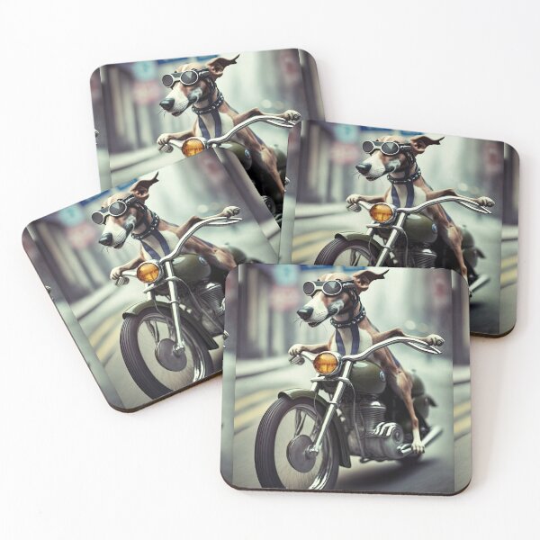 Item preview, A Retired Greyhound Dog riding a motorcycle in the city pet portrait designed and sold by TheTrendsDesk.