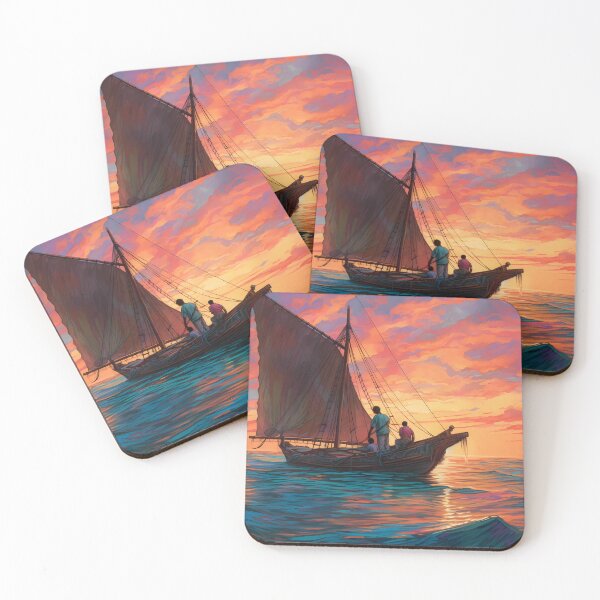 Item preview, Caribbean fishermen gazing far, a strange ship on the horizon, sunset's memoir designed and sold by SingularityGeek.
