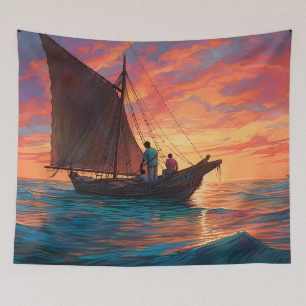 Item preview, Caribbean fishermen gazing far, a strange ship on the horizon, sunset's memoir designed and sold by SingularityGeek.