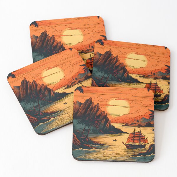Item preview, Caribbean shores embrace a pirate ship, sun's grand beauty guiding its trip designed and sold by SingularityGeek.