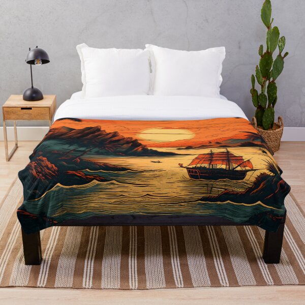 Item preview, Caribbean shores embrace a pirate ship, sun's grand beauty guiding its trip designed and sold by SingularityGeek.