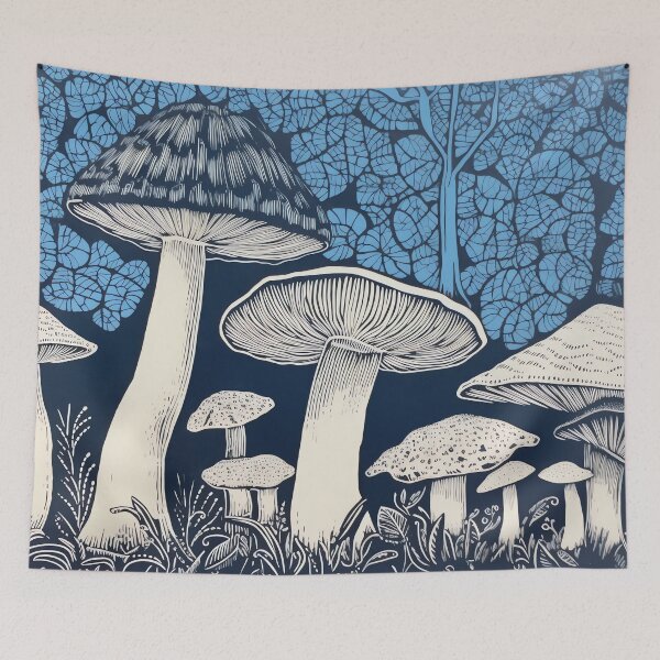 Item preview, Blue mushroom woodblock print designed and sold by EmilyDayDreams.