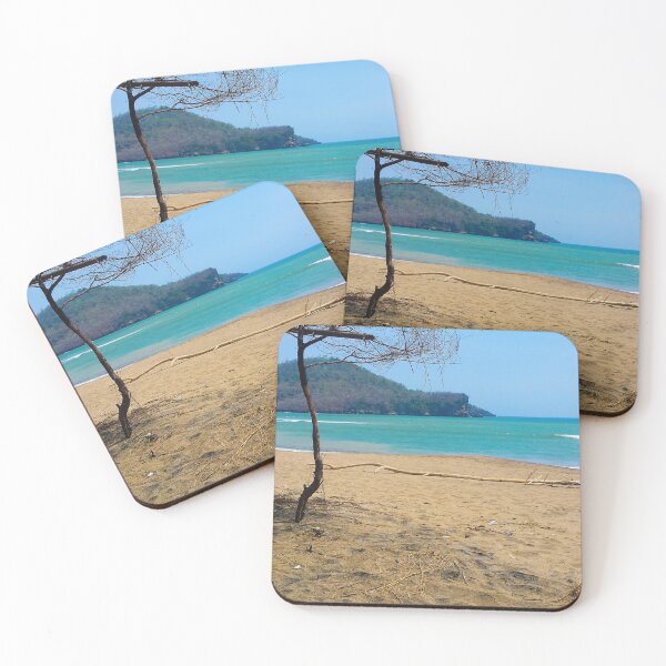 Item preview, White sand beach with pine tree trunks and mountain in backround designed and sold by kall3bu.