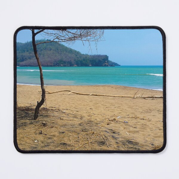 Item preview, White sand beach with pine tree trunks and mountain in backround designed and sold by kall3bu.