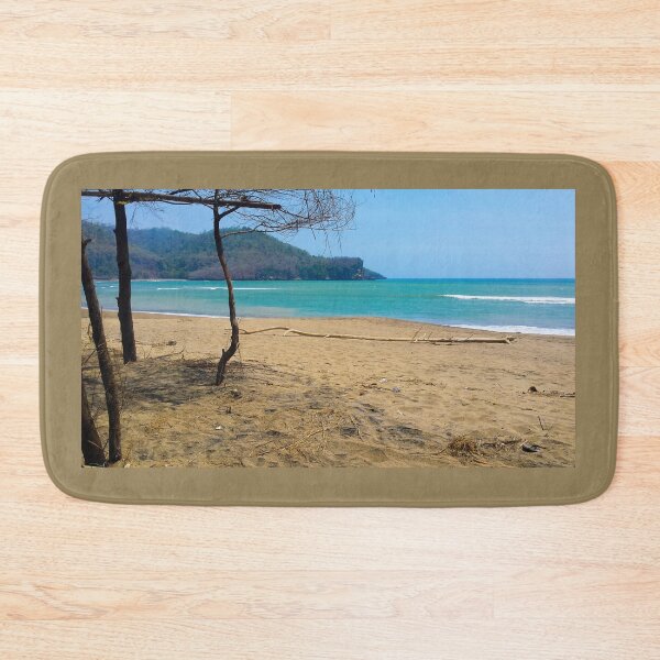 Item preview, White sand beach with pine tree trunks and mountain in backround designed and sold by kall3bu.