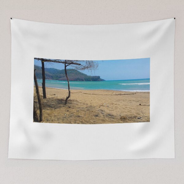 Item preview, White sand beach with pine tree trunks and mountain in backround designed and sold by kall3bu.