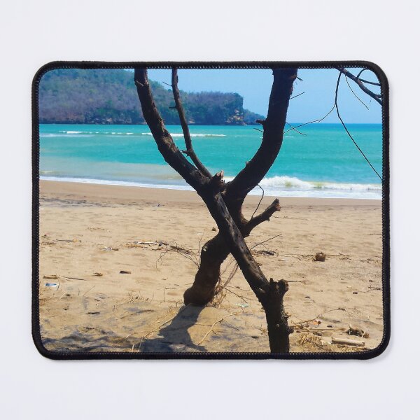 Item preview, Vertical view through two curved pine tree trunks to a sand beach designed and sold by kall3bu.
