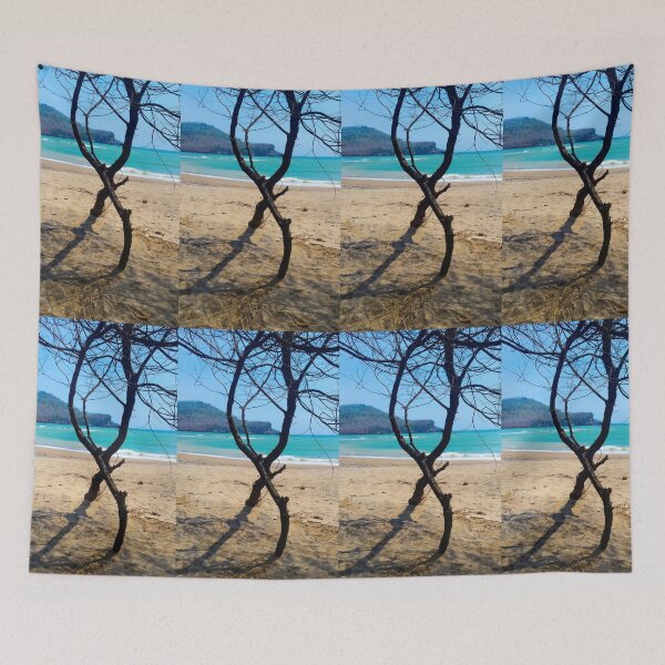 Item preview, Vertical view through two curved pine tree trunks to a sand beach designed and sold by kall3bu.