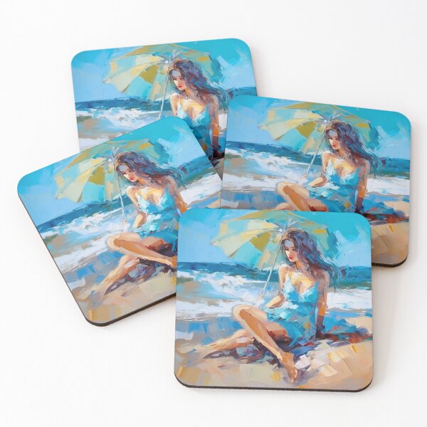 Item preview, Girl on the beach | Knife pallet oil painting | Turquoise sea designed and sold by Sicilian-art.