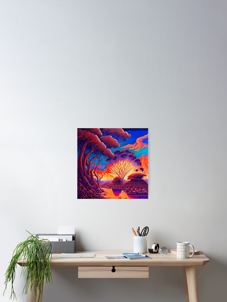 Thumbnail 2 von 3, Poster, Aboriginal Village on Riverbank Landscape Indigenous Art designt und verkauft von Voyle.