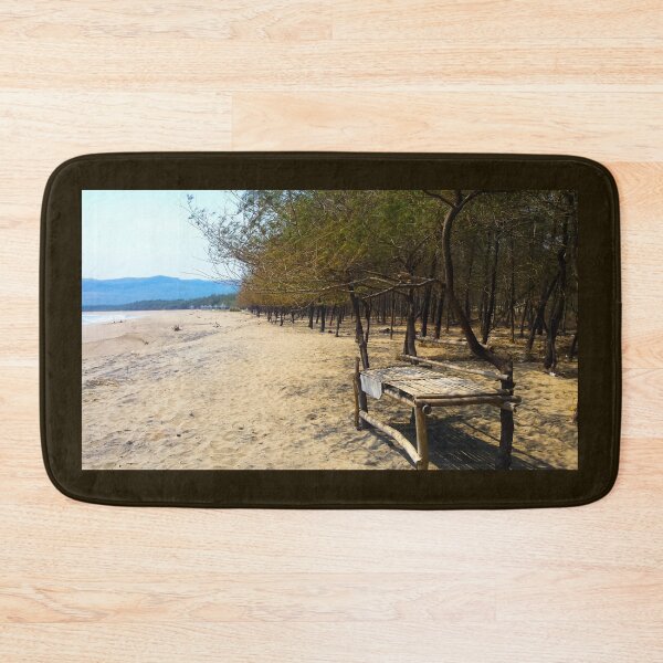 Item preview, White sand beach with pine trees and selfmade bamboo bench designed and sold by kall3bu.