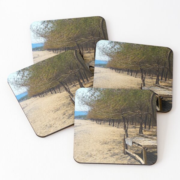 Item preview, White sand beach with pine trees and selfmade bamboo bench designed and sold by kall3bu.