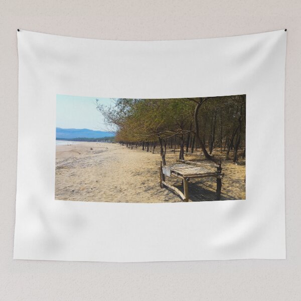 Item preview, White sand beach with pine trees and selfmade bamboo bench designed and sold by kall3bu.