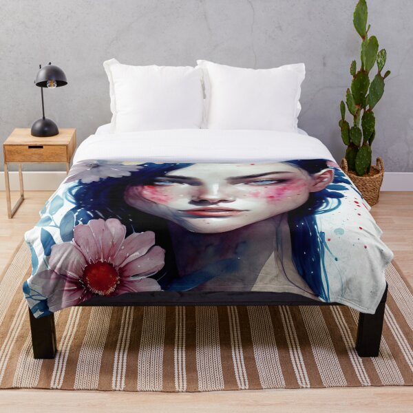 Aperçu de l'œuvre Femme aux cheveux bleus avec aquarelle de couronne de fleurs créée et vendue par DC Low.