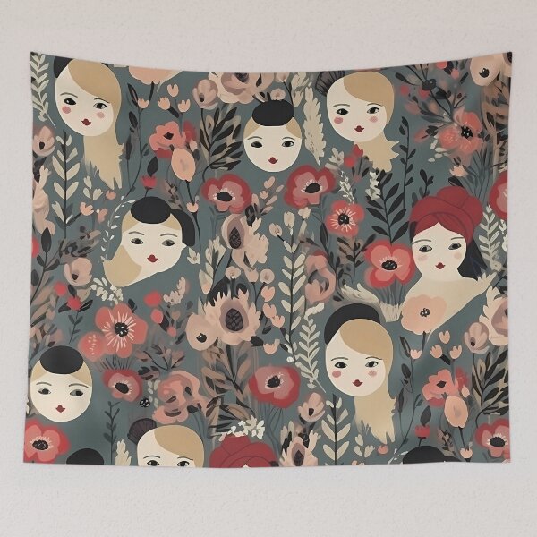 Item preview, Contemporary botanical pattern with a female face designed and sold by MTJ-Mushrooms.